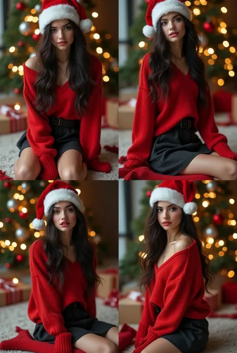 "Create a collage of four images featuring
the same young woman with long, dark
hair styled naturally. She is wearing a
slightly more alluring festive outfit: a
fitted, oversized red sweater that hangs
off her shoulder, a dark gray tennis skirt
that sits h...