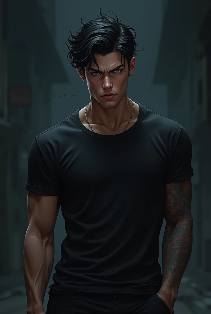  male character,  muscular , blue eyes with a dominant look and a lip piercing dark black wavy hair, Young boy, with a black shirt and pants 