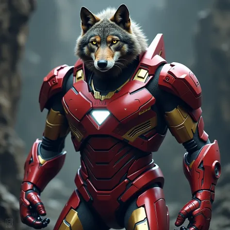 A wolf wearing Iron Mans Mark IV armor  ,  armour and a text written Alcateia on his chest in low relief armour



