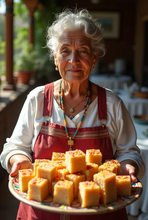 Doña Pepa Negra holding a nougat decorated with colored dragees ,  cut into small squares and placed on a decorative tray. In the background, a table with white tablecloth and a bright environment ,  highlighting the color of the dragees and the texture of...