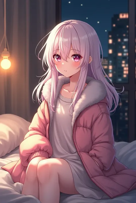  Hasme a Kawai-style anime that the character is feminine with a focused and pretty face with a moe style and with a detailed night background with backlights the character with white or pink hair and long loose clothing and with a comfortable padded jacke...