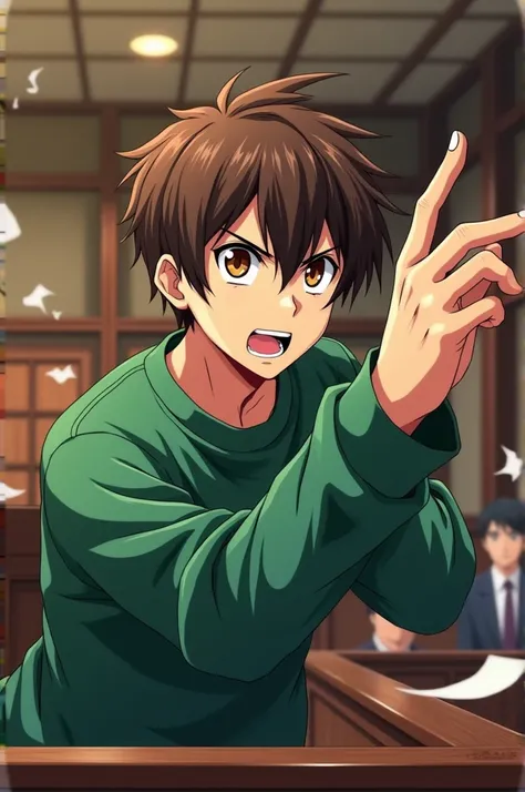 A male teenager wearing a green sweatshirt and brown hair and brown eyes making the meme "Objection !" in an anime-style trial 