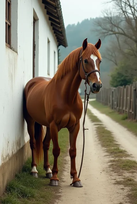 Create a drawing of a horse tied to a nail on a white wall at the foot of an OLD rural road