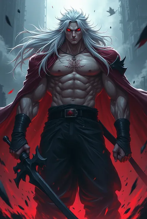 Give me a baddass anime  man with white hair and red eyes