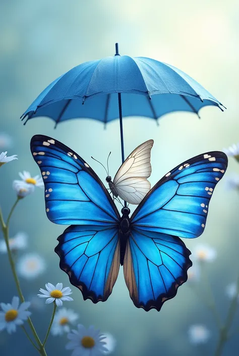 blue butterfly protecting the white butterfly with its umbrella 