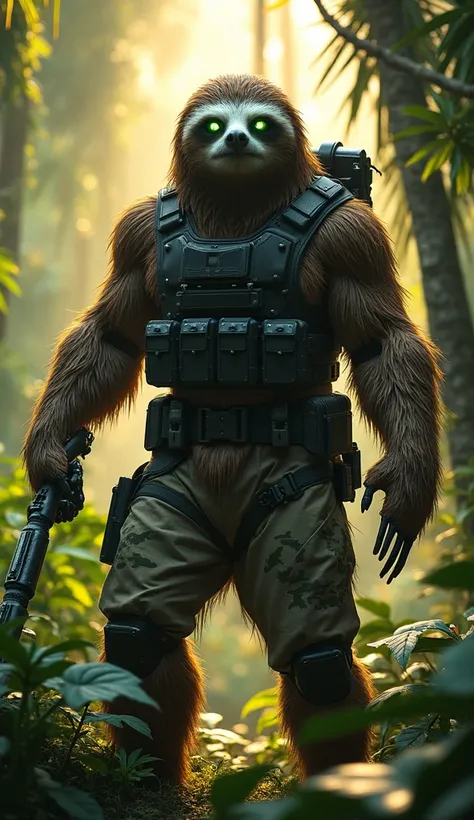 A humanoid sloth warrior standing tall in a dense jungle setting. The creature is muscular and imposing, combining the slow, deliberate movements of a sloth with the agility of a seasoned fighter. Its fur is shaggy, with earthy tones of brown and gray, ble...