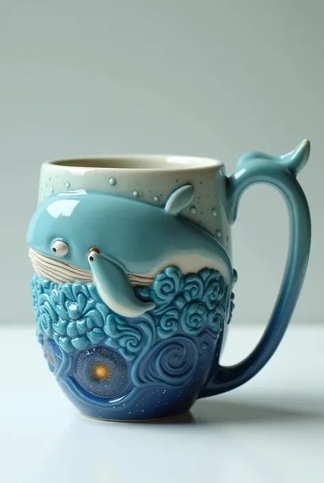 Create an oval-shaped mug and on the front place a 3D whale with reliefs with the handle where you place the Hand shaped like the syrup of a whale and the bottom of the mug a galaxy. 