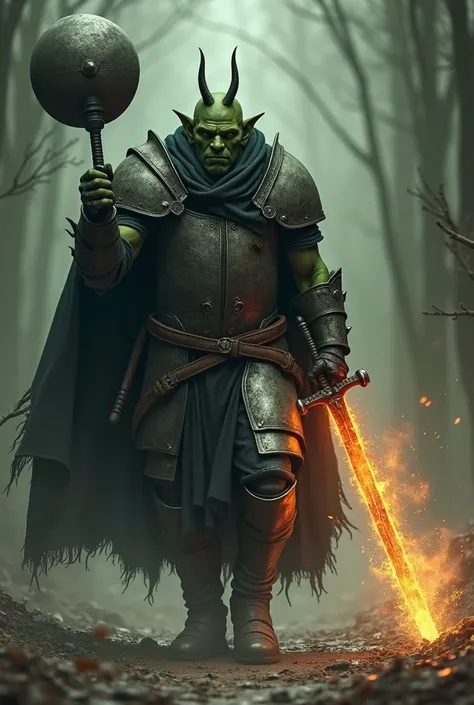 A hairless green skinned orc man approaches wearing lead plate armor and a shabby black cloak.  His helmet has two small horns.  In his right hand he hold up a round mace ready to bring down in a forward strike.  In his left hand, he wields a steel broadsw...