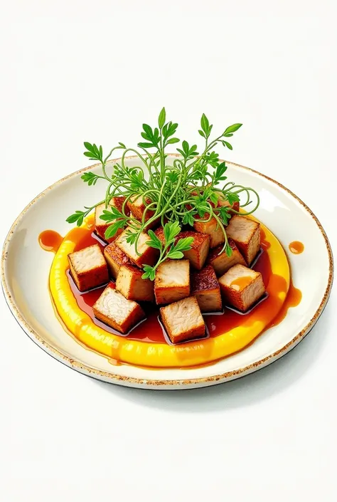 sketch of a plate ,  diced pork in ponzu ,  sauce decorated with coriander sprouts ,  on a base of yellow corn puree 