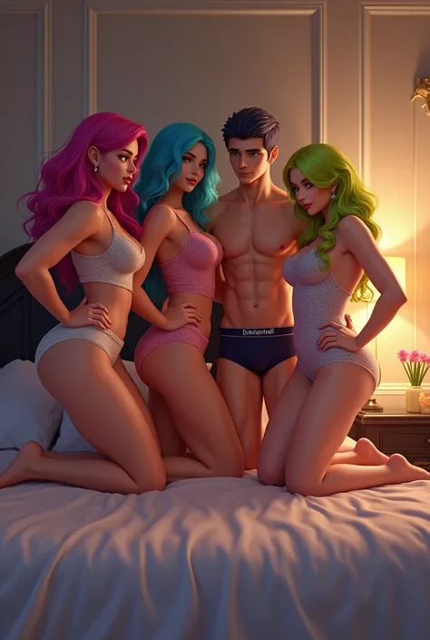 Four teenagers. Two girl with large breasts and plump rears wearing cute but sexy dresses. Two boys who are muscular and shirtless in only a pair of boxers. One girl has pink hair the other girl has lime green hair. One boy has cyan hair the other boy has ...