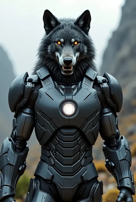 A wolf wearing Iron Mans Mark IV armor  ,  armor and a text written ALCATEIA on his chest.



