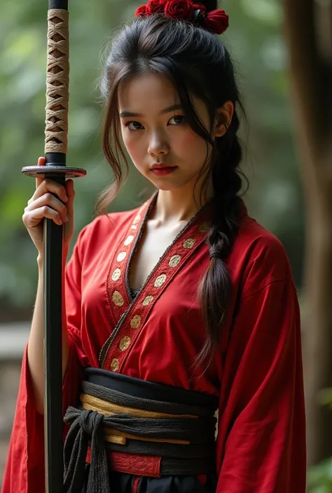 Extremely beautiful eighteen-year-old samurai princess using a katana sexualizing 