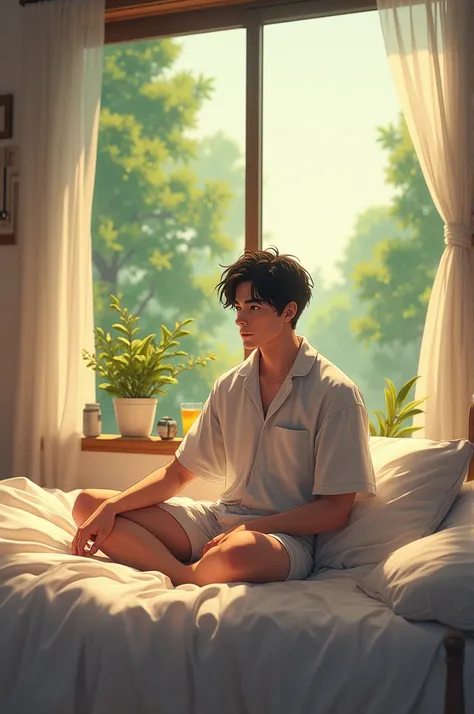 Handsome man sitting on the bed, wearing a loose shirt, pajamas, short hair, indoors, soft lighting, trees as a background, sunny window, cozy room, relaxed pose anime