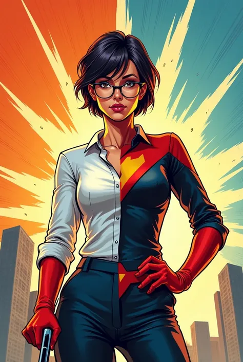 Comic book cover of a short-haired blind woman with a writers outfit and on the other hand with a superhero outfit