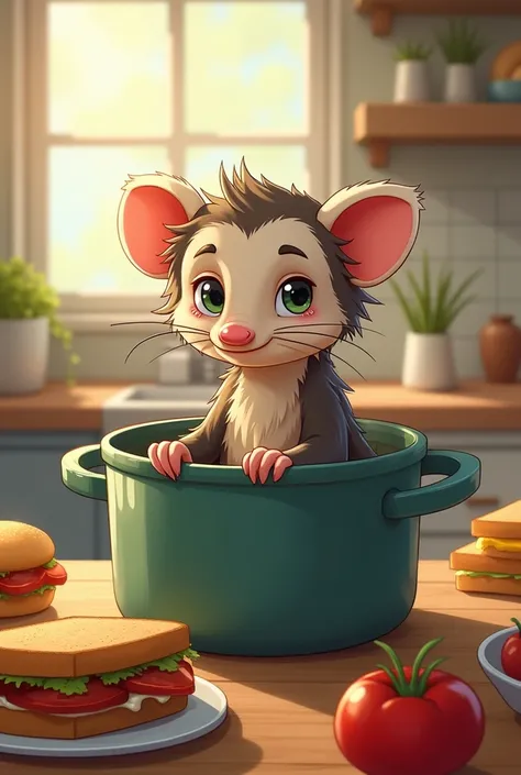 dessin animé d&#39;opossum solo mâle mince par zackary911 cheveux sur les yeux, dans une marmite, cuisine, sandwich, nourriture