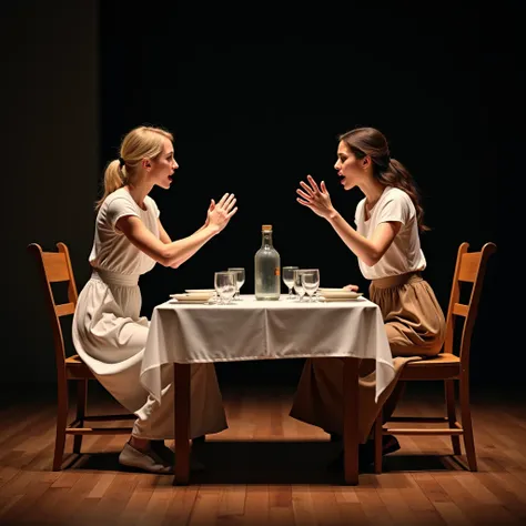  create an image of two actresses , beautiful, a blonde and a brunette , simple clothes, side by side, On a theater stage ,  with scenery depicting the dining room of a modest house,  with a table ,   plates and glasses and an old glass bottle with water ....