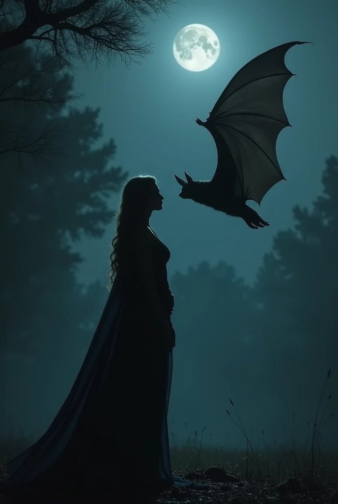 A mysterious  woman stands in the dark of night, gazing intently at a large bat beside her. The bats wings move gently, creating a sense of eerie anticipation. The woman is lit faintly by the moonlight, her sharp and nimble figure accentuated by a flowing,...