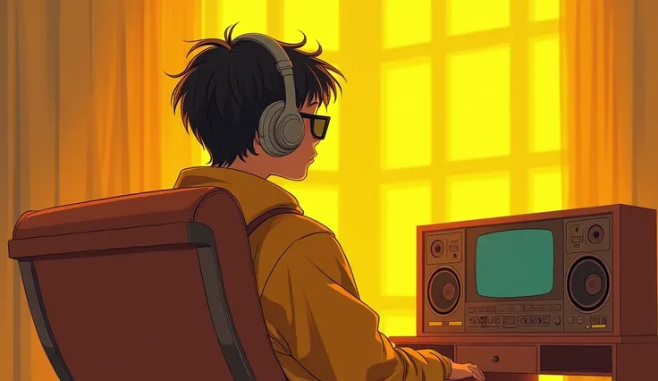  there is a boy sitting in a chair in front of a stereo with headphones and dark sunglasses in warm yellow tones,Distant perspective a digital painting by Atey Ghailan ,  winner of the pixiv contest, serial art, Chica Lofi, Arte Lofistyle, Arte Lofi, Lofi ...