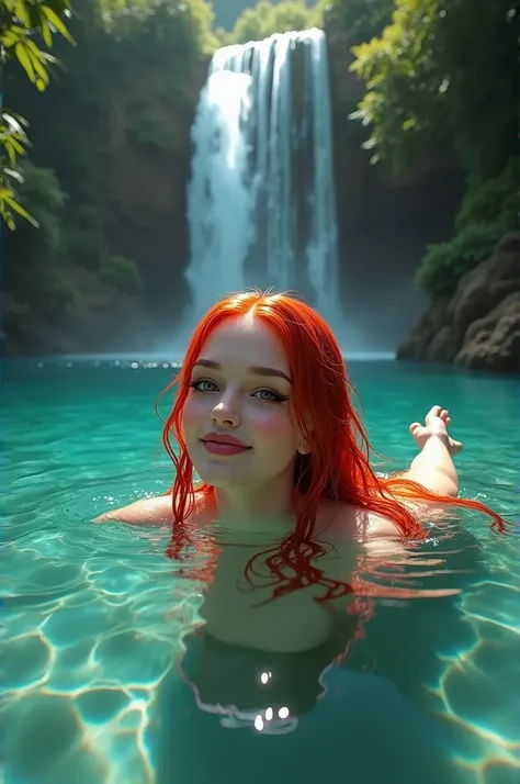 Beautiful Real Looking Woman, Red long hair wet, Gothic make up,  swiming in a Crystal Clear lake under the beautiful waterfall,  Beautiful hapoy smiling Realistic Woman,  clear see-through water,  sarounded by beautiful Magic nature 
Digital Quality Clear...