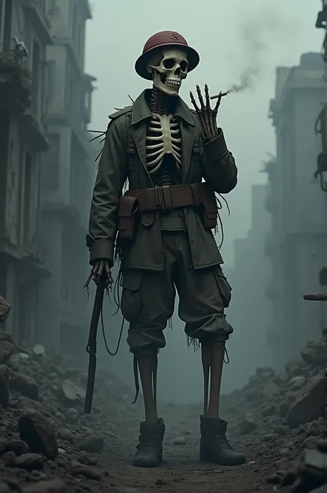 A soldier skeleton who smokes 