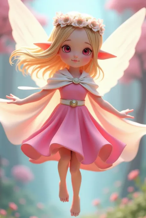 Anime 3d girl with pink dress with belt she wears a white cape she has elf ears she has pink eyes and blonde hair she flies with her fairy wings she wears white flowers on her head