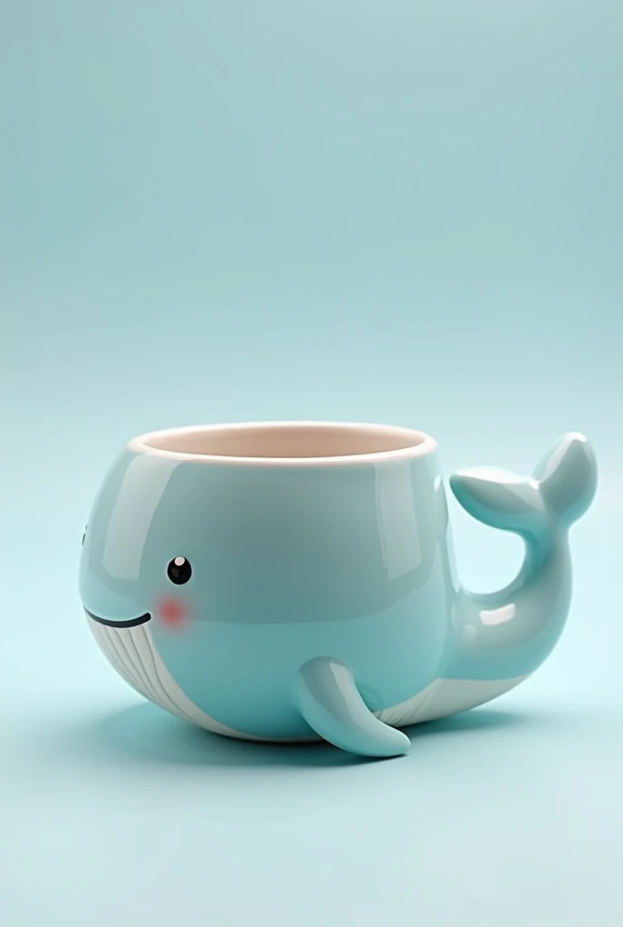 Create an oval-shaped mug shaped like a whale that is cute and that the whales tail is the support to hold the mug.