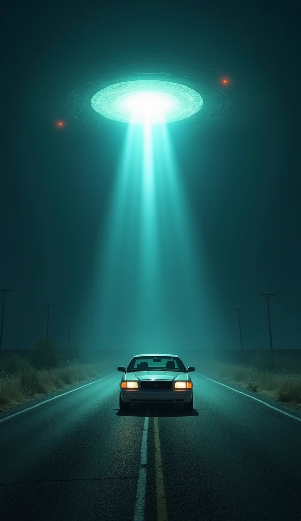 A car stopped on a deserted road, its lights off, with a bright alien light hovering directly above."