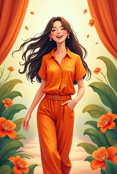 Haldi happy bride full length illustration with open hairs wearing orange shirt and trouser 