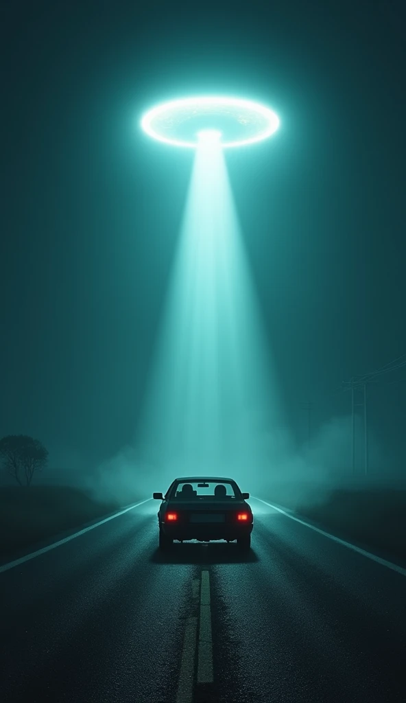 A car stopped on a deserted road, its lights off, with a bright alien light hovering directly above."