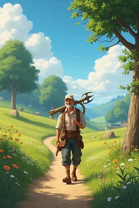  A hyperrealistic image of a meadow with magical forests in the background, a dirt road ,  a smiling villager , dressed as a farmer ,  carrying a field trident on his shoulder, walking towards the spectator with a wide smile 