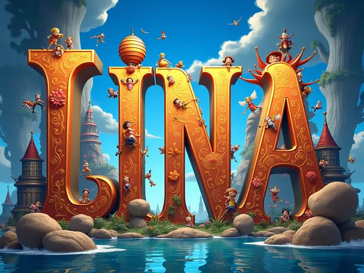 Create a poster extremely detailed with letter-by-letter writing "LINA" en français et en majuscule. dans un style Disney 4D. LÉCRITURE DOIT ÊTRE BIEN VISIBLE. 
Thème ONE PIECE 