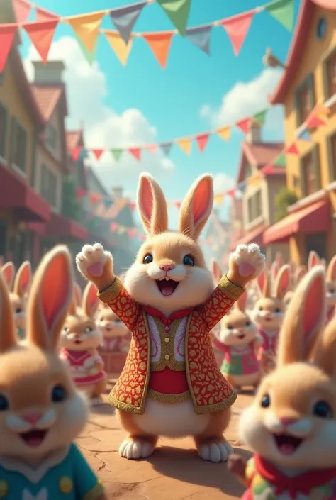 A town of rabbits with human aspects happy for a victory