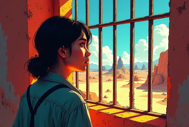 concept art, colourful sketch , DND, Middle Ages , Prison of a desert city ,  thick metal bars on the window