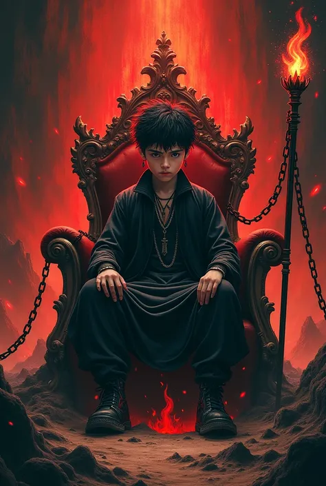  create a wallpaper
an image that mixes the Arcane Empress with the Arcane Devil in the illustration style of the image, In the appearance of a boy.  I want the predominance of colors black and red , fertile but hellish setting ,  people chained to the thr...