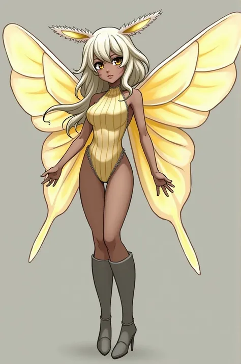  Make a girl with half gray brown skin , long wavy hair in an almost white shade of blonde, with fuzzy antennae on the head , fleecy moth wings in a shade of yellowish white , colan striped in a shade of light greyish yellow and light yellow.
Tall gray boo...