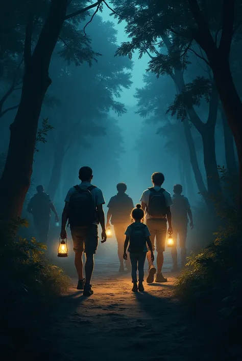 Locals entering the forest with lamps and cell phones with flash