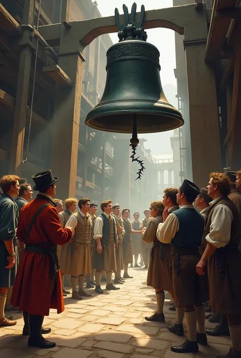 An illustrative depiction of the Liberty Bell in 1752, just as it cracks during its inaugural ringing. The scene includes period-accurate clothing, colonial onlookers reacting with surprise, and a rustic setting with wooden scaffolding and tools. The image...