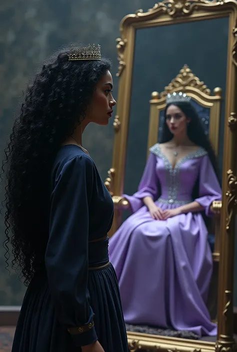 Une femme aux cheveux long noir et bouclé qui est habiller modestement et son double dans le miroir qui est assise sur un trone avec une robe de princesse violette et une couronne qui la regarde