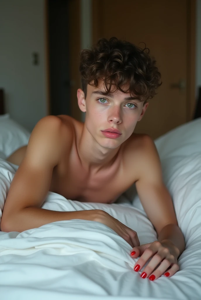 29-year-old naked boy lying in the most comfortable bed you can dream of,  very white skin  ,  Big Green Eyes , Red lips,  red nails  , hair in the vagina