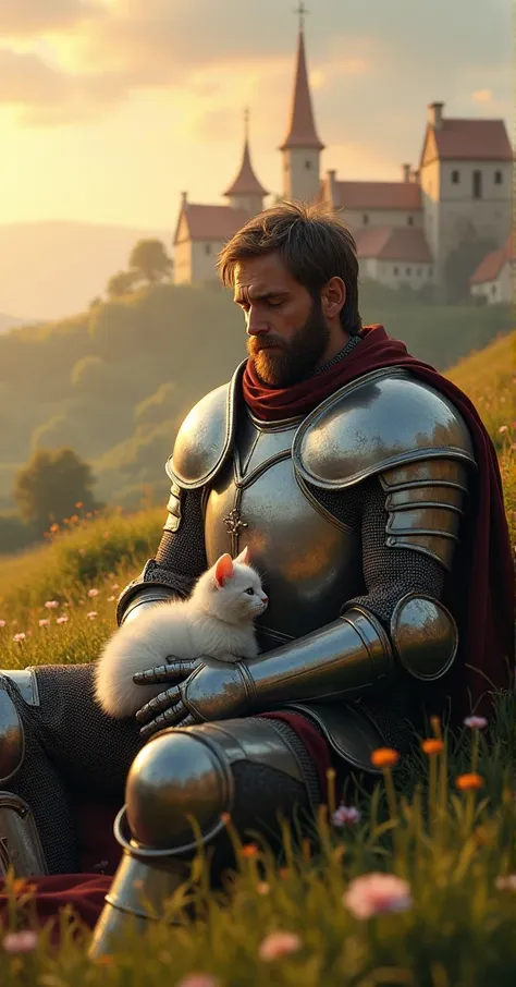 A strong,big and brave knight wearing a helmet is sitting in the grass with a sweet little white kitten, peacefully watching the sunset of a town in middle age from afar. The knight is sitting on the ground, the little kitten is on the knights lap or next ...