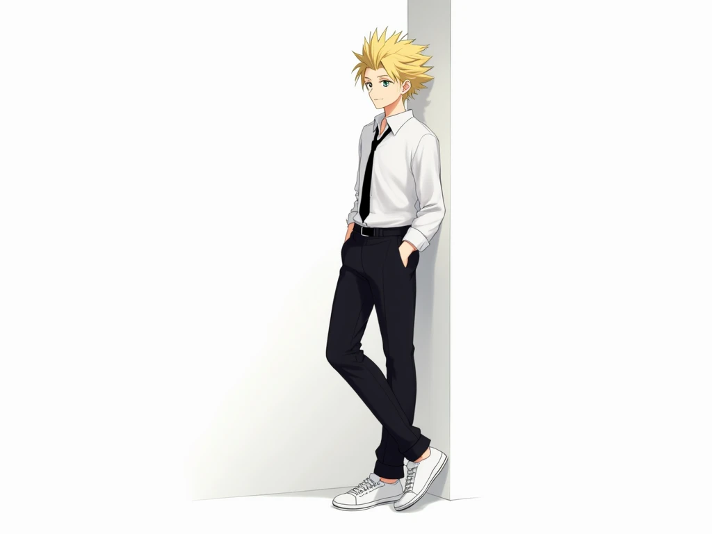 anime man,  green eyes ,  ulybka,  beautiful , High,  White shirt,  black pants , black tie,  stylish hairstyle , blond, hair like a hedgehog,   on a white background, stands leaning against the wall,  white sneakers  