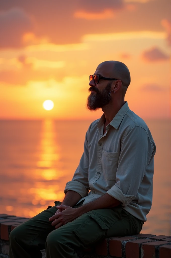 Man in his mid-40s with bald ,  mottled beard and Ray Ban sunglasses with silver hoop in his ear sitting on a brick wall 
Dressed in a linen long sleeve shirt and dark green cargo pants.  The sunset paints the sky in bright colors,  which is reflected in t...