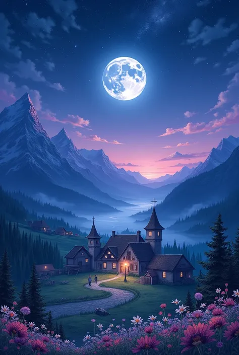  You could generate a starry sky wallpaper in shades of blue and purple, with a village in the center, mountains and the moon , Let flowers be seen 