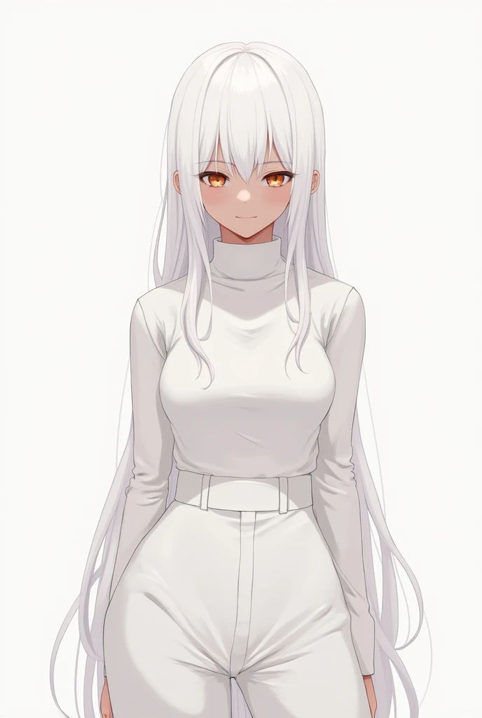 Long white hair with bangs, a white top and white pants, Brown Skin anime version