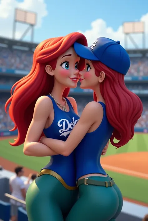  Disney Princess Ariel in her Blue Los Angeles Dodgers Tanktop with La Dodgers baseball cap on her head at Los Angeles Dodgers Stadium kissing you

