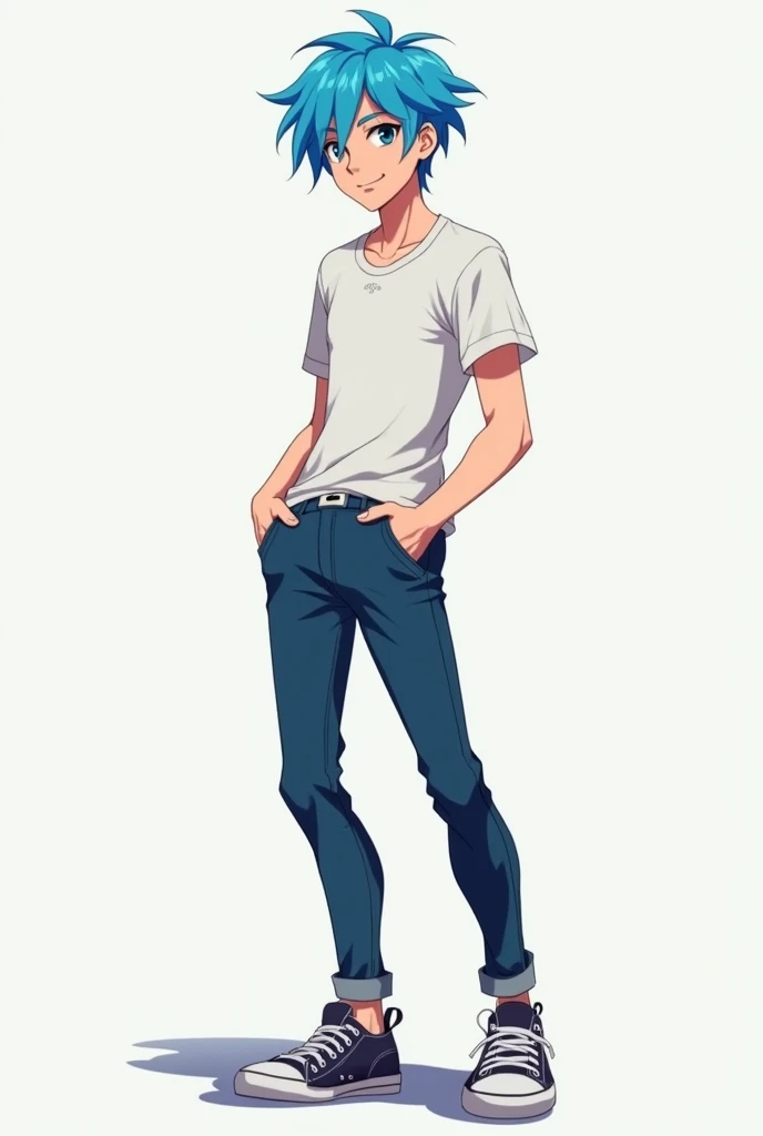 Create for me a blue-haired male anime character with a full body, Young, And a cheerful expression, giving it cool