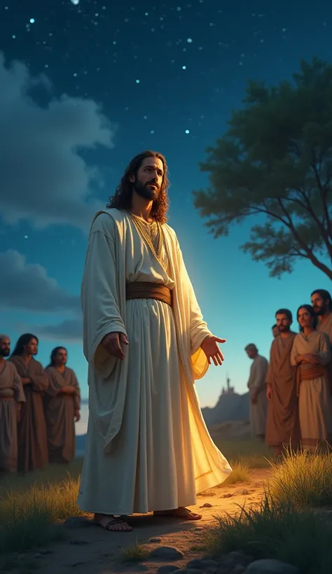 A serene nighttime scene with a golden light symbolizing divine presence, featuring Jesus standing prominently in the foreground. Jesus has a compassionate yet determined expression, looking directly as if speaking to the viewer. His robe is white with sub...