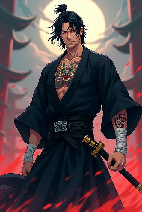 A 1.75 m tall Japanese man, reddish-brown eyes, black hair, wears a black samurai outfit, with a katana hanging on his right waist. His left hand is bandaged. And theres a tattoo of a Chinese dragon on his chest. Your face has a serious expression. The sce...