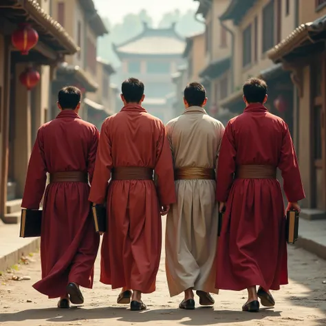 4 or 5 adult men of 25-30 years old (who are wearing half-red or normal clothing from ancient times) walking down a street and each one with his Bible, and that the shot is from behind the men