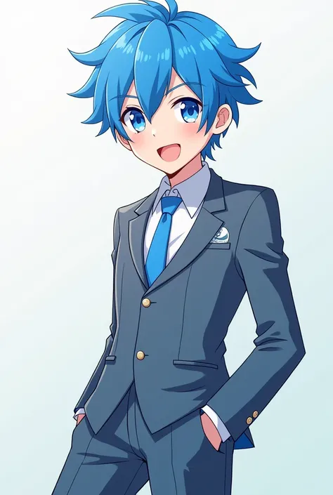  Create for me a blue-haired male anime character with a full body, Young, And a cheerful expression, com 👍com terno